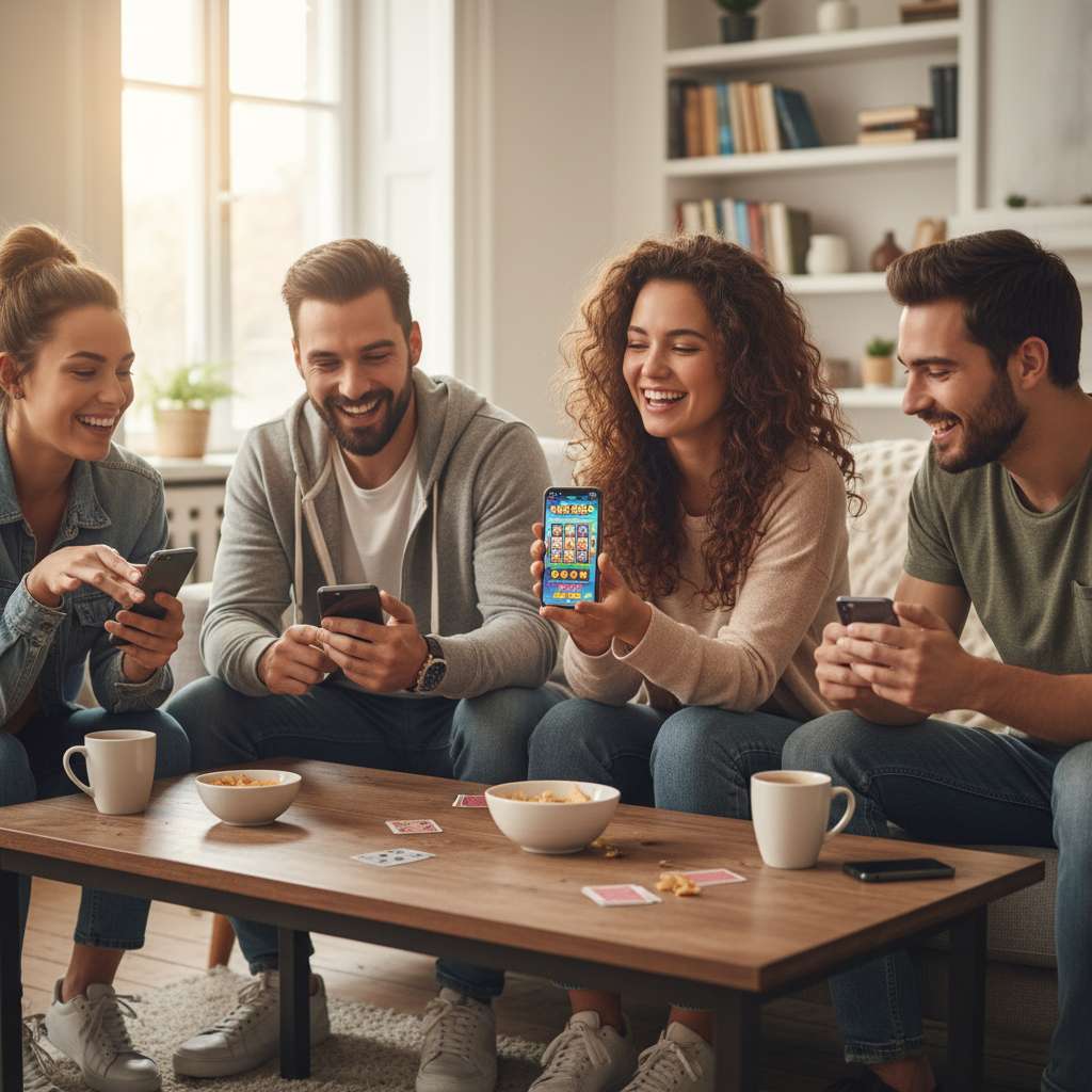 Group of friends playing social casino game on mobile with vibrant digital chips UI
